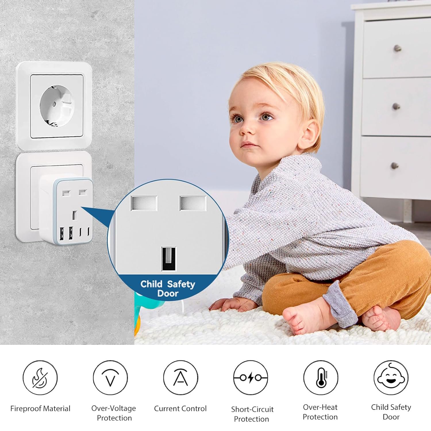 UK to European plug adapter with 2USB 2 Type C Fast Charge EU To UK Adapter For Germany Spanish France (Type E/F)