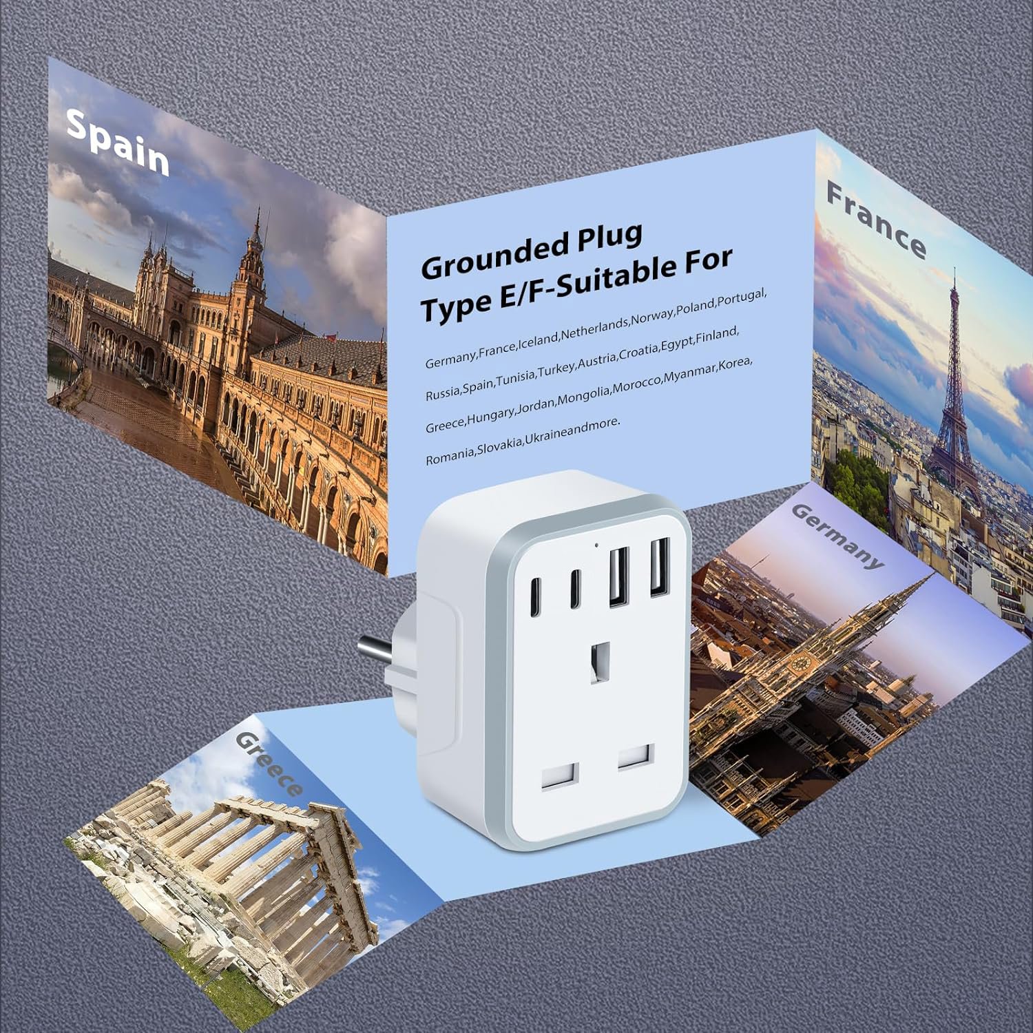 UK to European plug adapter with 2USB 2 Type C Fast Charge EU To UK Adapter For Germany Spanish France (Type E/F)