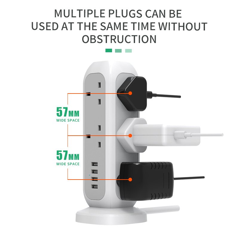 UK electric tower power strip switch extension lead board multi plug socket retractable extension cord with usb port