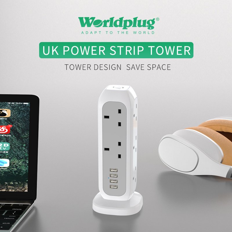 UK electric tower power strip switch extension lead board multi plug socket retractable extension cord with usb port
