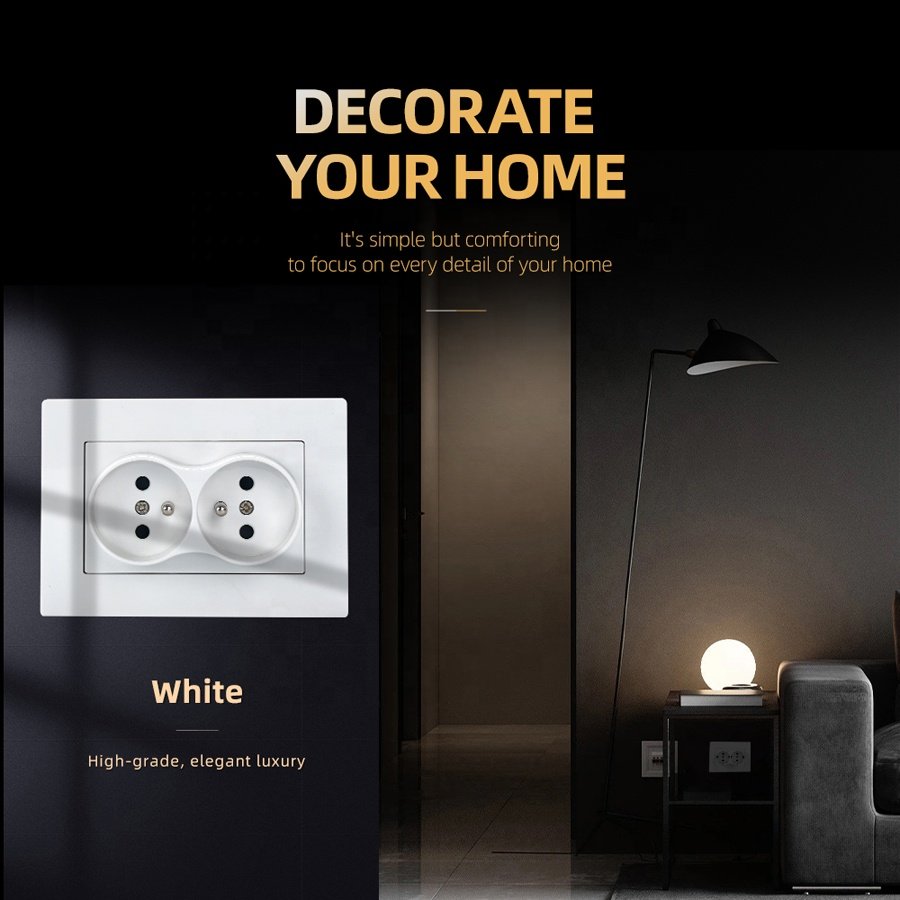 V-0 Level Flame Retardant Panel Eu Type French Socket Hotel Wall Socket Double Electric Plugs Sockets CE Rohs IEC Certificates