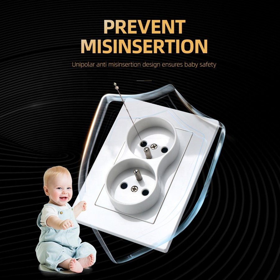 V-0 Level Flame Retardant Panel Eu Type French Socket Hotel Wall Socket Double Electric Plugs Sockets CE Rohs IEC Certificates