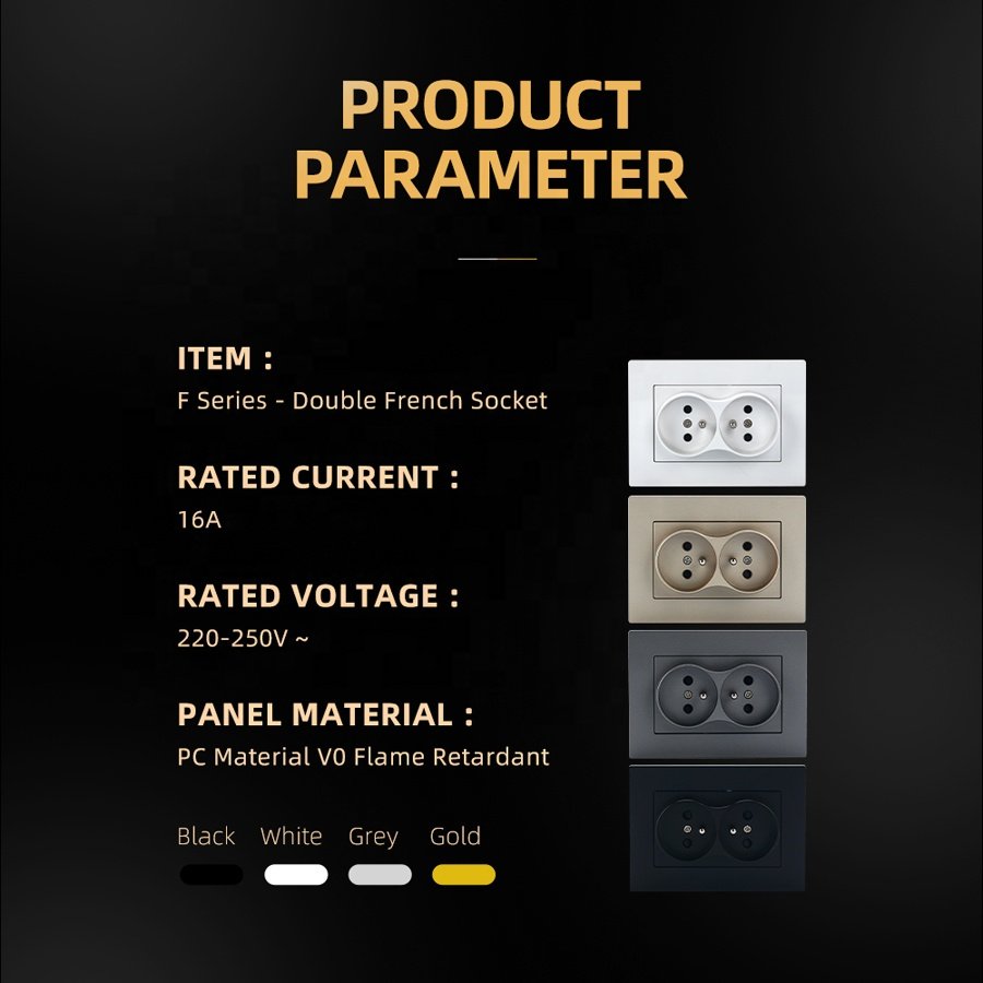 V-0 Level Flame Retardant Panel Eu Type French Socket Hotel Wall Socket Double Electric Plugs Sockets CE Rohs IEC Certificates