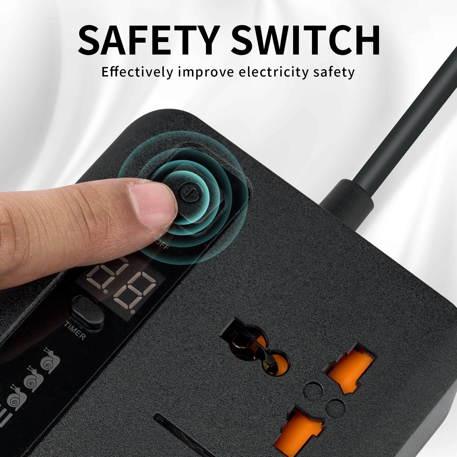 Intelligent timer function Power strip socket Integrated all-copper connection Fitted with safety door Plug socket Power socket