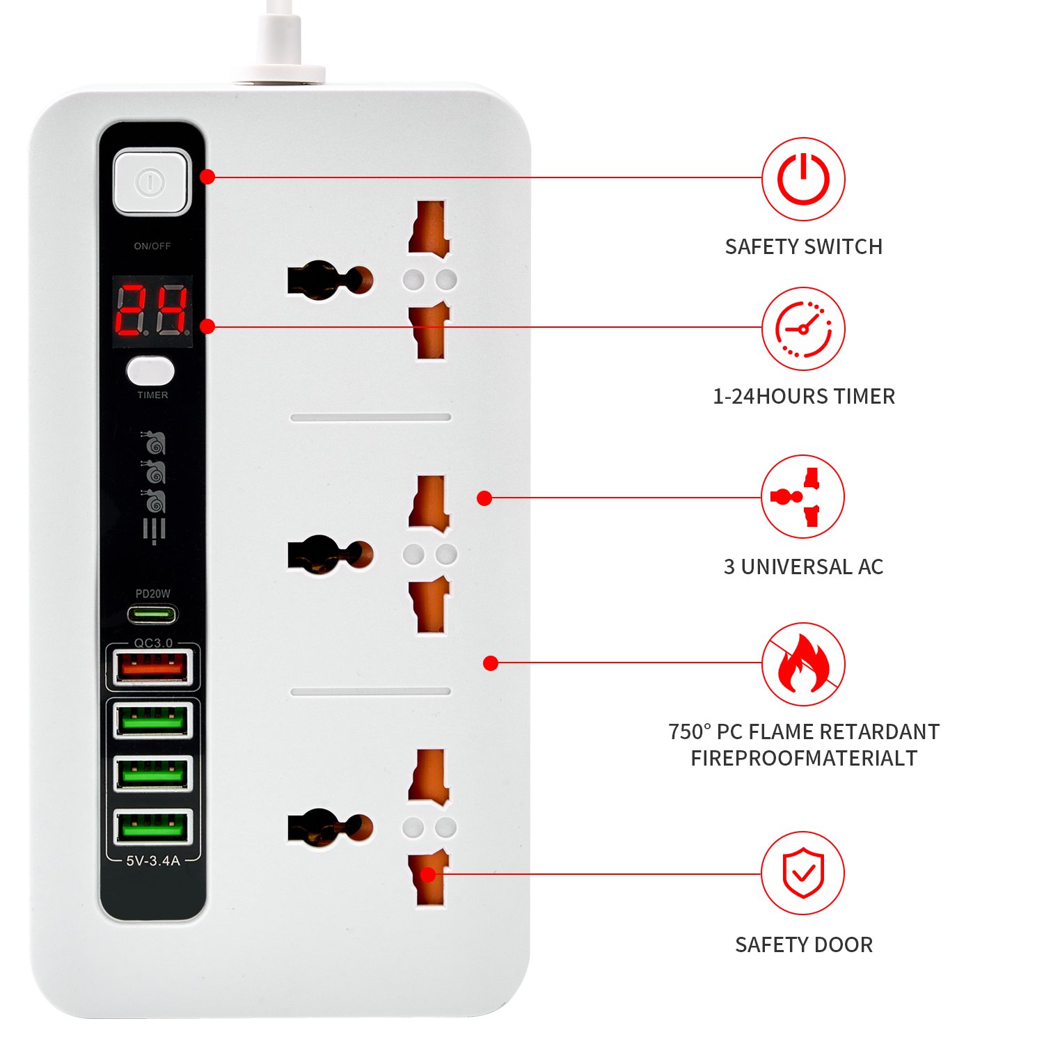 Intelligent timer function Power strip socket Integrated all-copper connection Fitted with safety door Plug socket Power socket