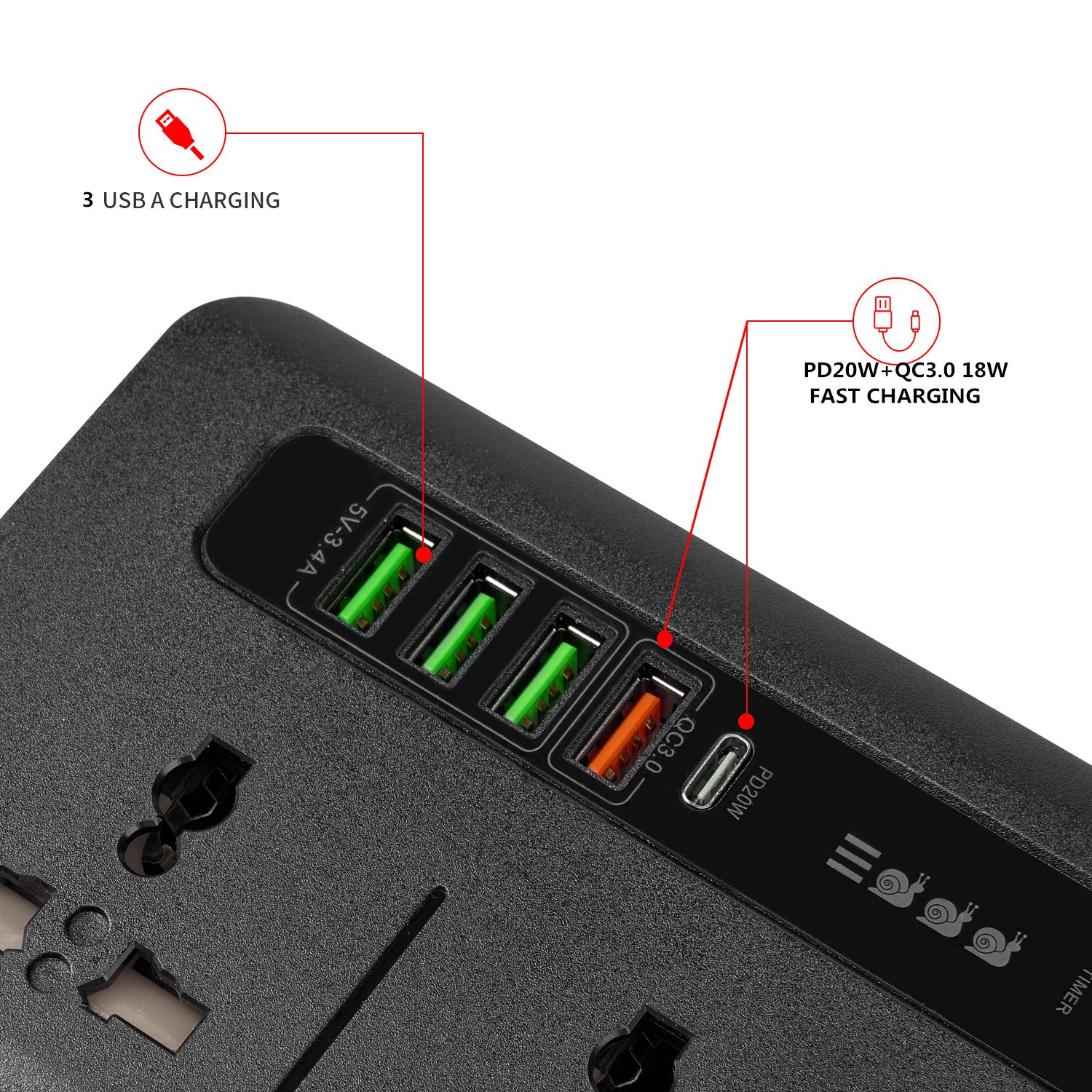 Intelligent timer function Power strip socket Integrated all-copper connection Fitted with safety door Plug socket Power socket
