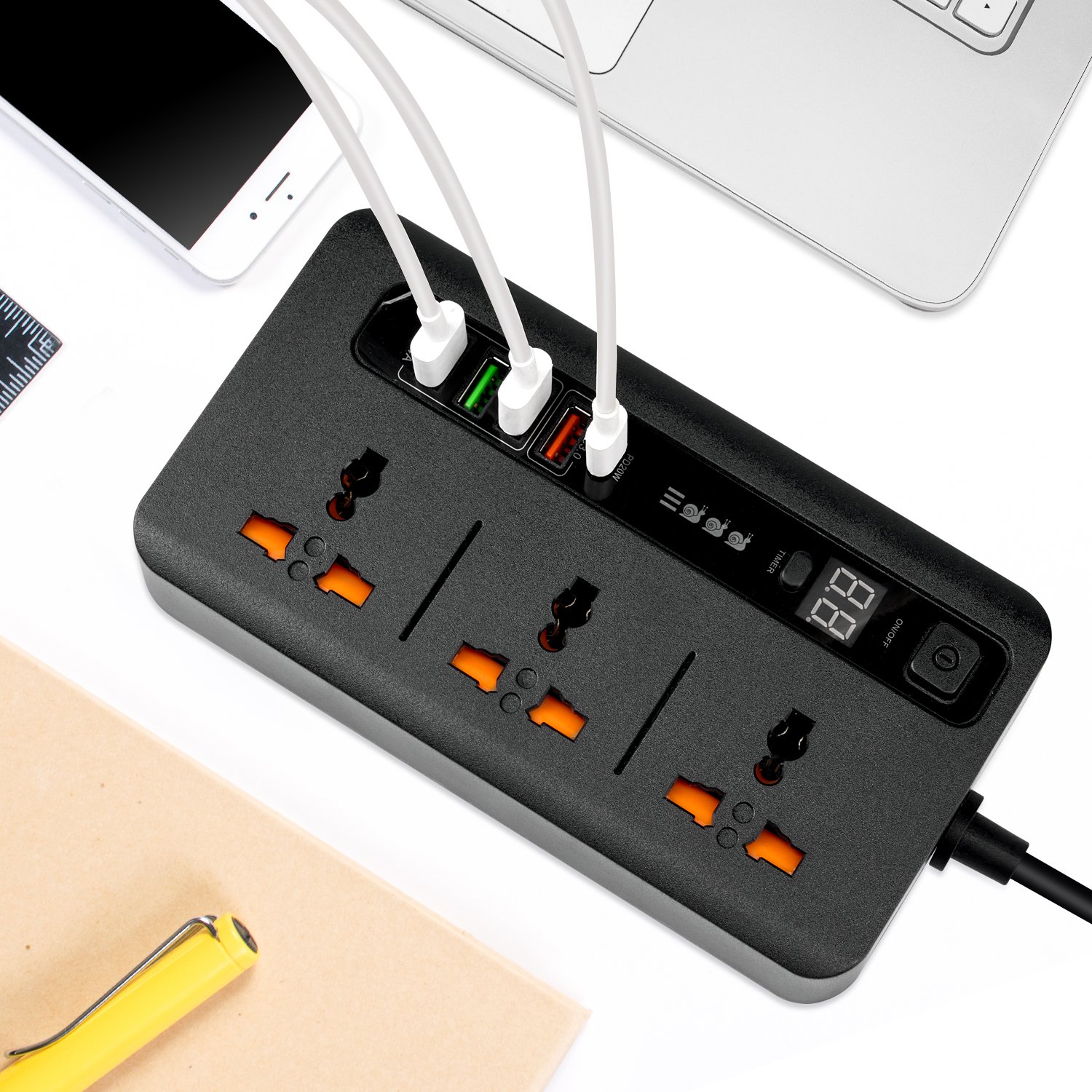 Intelligent timer function Power strip socket Integrated all-copper connection Fitted with safety door Plug socket Power socket