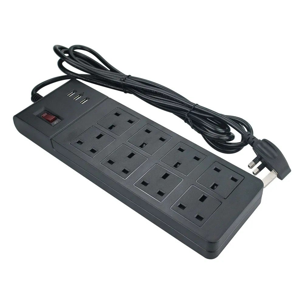 UK Standard 8 Way Extension Lead 2M,Multi Plug with USB Slots & Plug Extension Sockets Power Strip,Wall Mountable Extension Cord