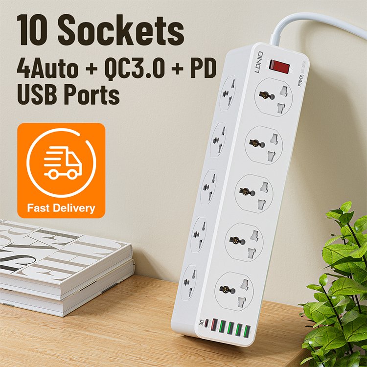 LDNIO SC10610 Universal Power Socket Wall Mount New Power Strip With PD USB Charging Ports 10 Way Outlet Extension Plug Socket