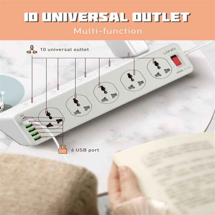 LDNIO SC10610 Universal Power Socket Wall Mount New Power Strip With PD USB Charging Ports 10 Way Outlet Extension Plug Socket