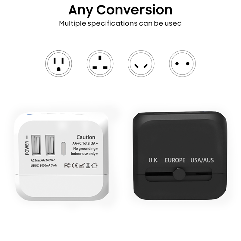 Multi Purpose Universal Travel Adaptor Travel Adapter With 2 USB And Type C US EU UK AUS Plug All In One