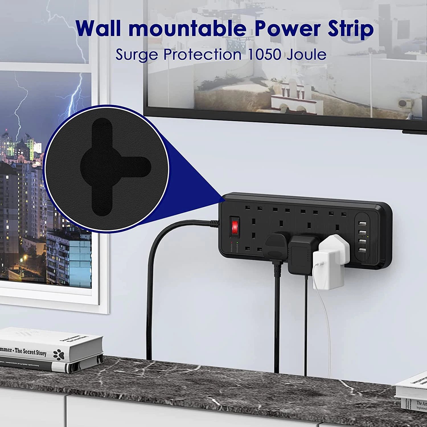 8 Way Plug Extension with 4 USB,Multi Plug Power Strip 2M Extension Cable,UK Power Socket Extension Cord for Home Office