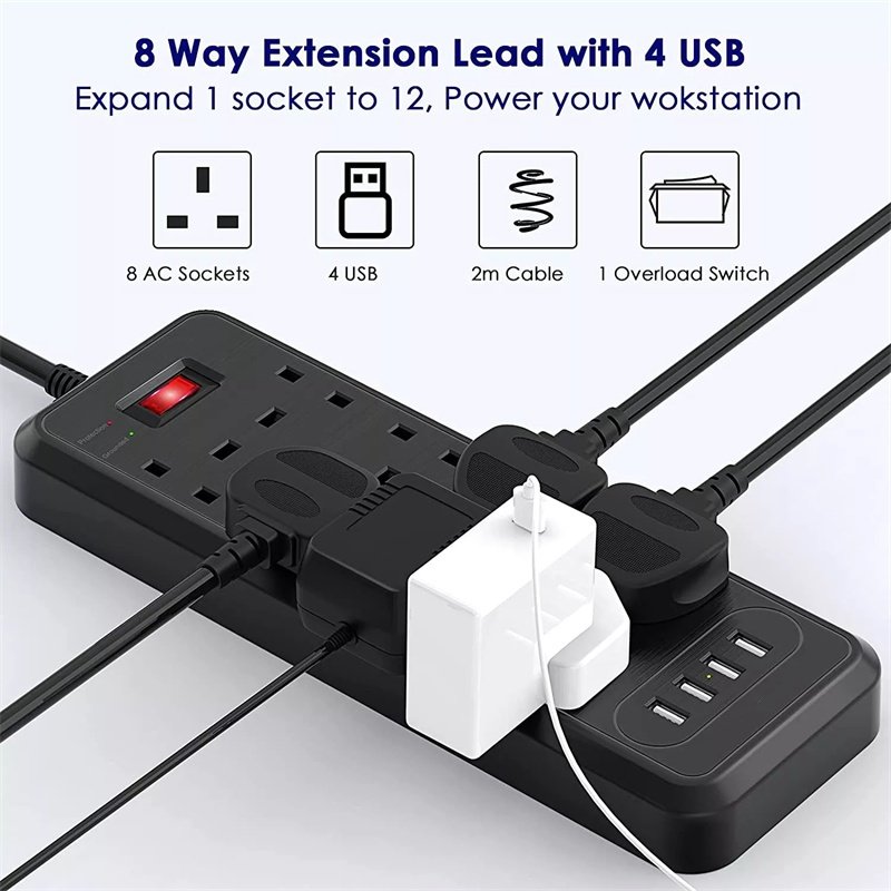 8 Way Plug Extension with 4 USB,Multi Plug Power Strip 2M Extension Cable,UK Power Socket Extension Cord for Home Office