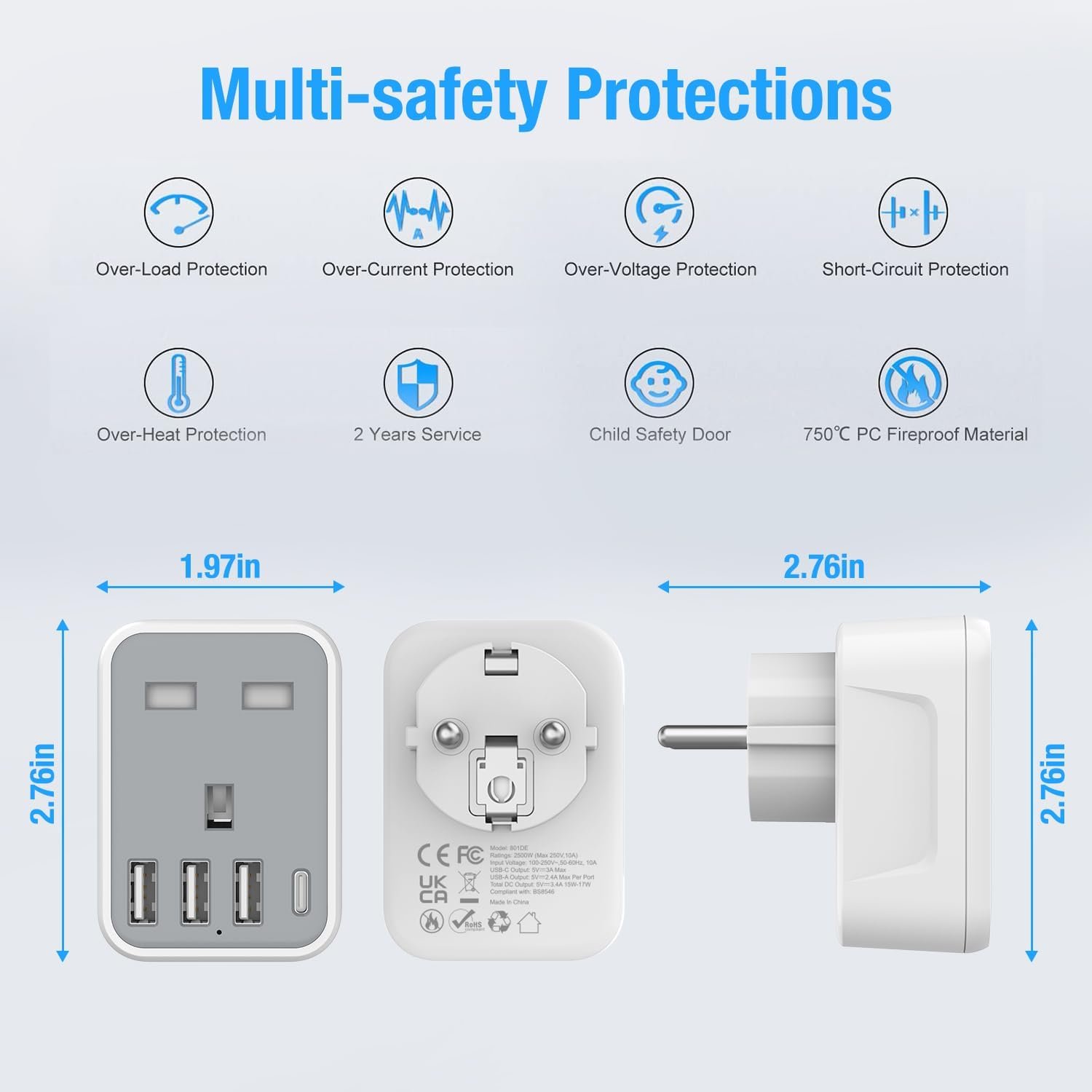 UK to European Plug Adapter Smart 3 USB Ports 1 Type C-Grounded Travel Adapter Germany France (Type E/F) 250V 16A Power Strips