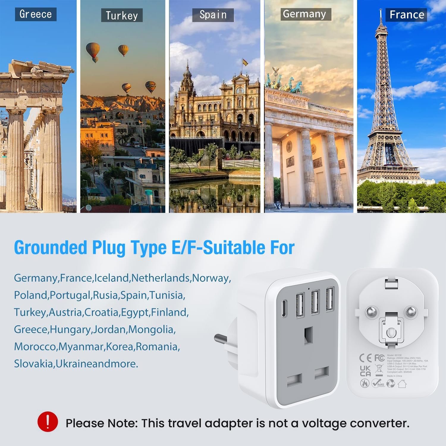 UK to European Plug Adapter Smart 3 USB Ports 1 Type C-Grounded Travel Adapter Germany France (Type E/F) 250V 16A Power Strips