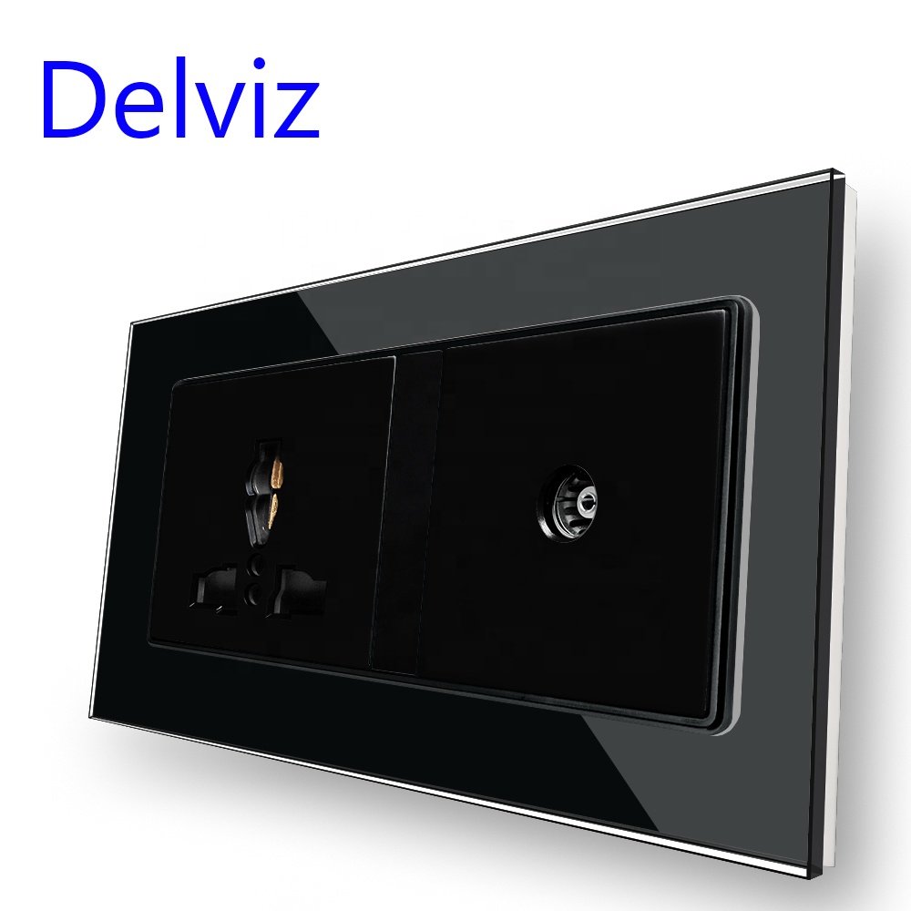 Delviz Tempered Crystal glass Panel, Cable TV interface,plug jacks Electric power Outlet,16A International Universal Wall Socket