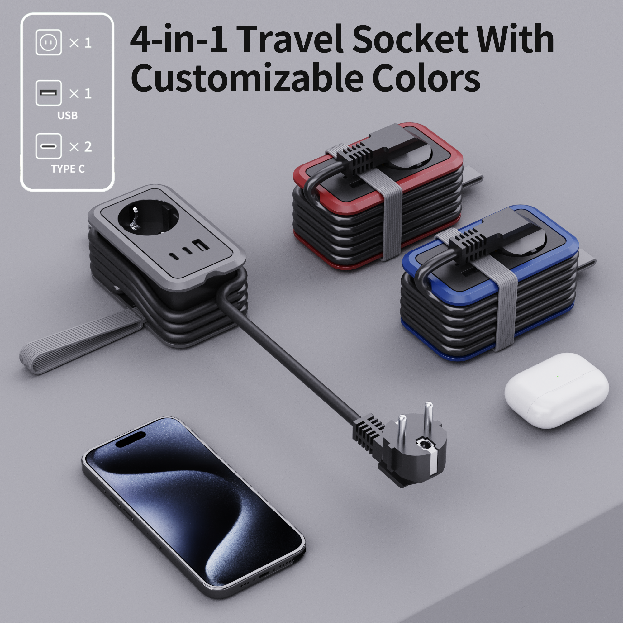 Newly Designed Multi Extension Travel Socket Strip 4 In 1 Portable PD20W Fast Charging Eu Socket With USB