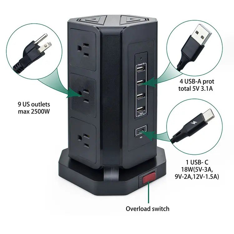 Power Strip Tower with 4 USB Slots with 18W USB C Fast Charger,9 Way Plug Extension Tower,Surge Protected Extension Lead 2M