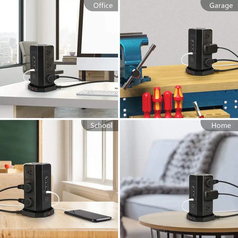 Power Strip Tower with 4 USB Slots with 18W USB C Fast Charger,9 Way Plug Extension Tower,Surge Protected Extension Lead 2M