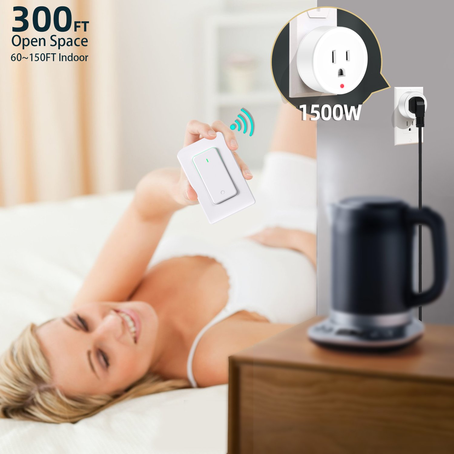 UL Certified Wireless Remote Control Outlet 15A Electrical Light Switch with Plug and Socket 100 Feet RF Range Anti-Surge
