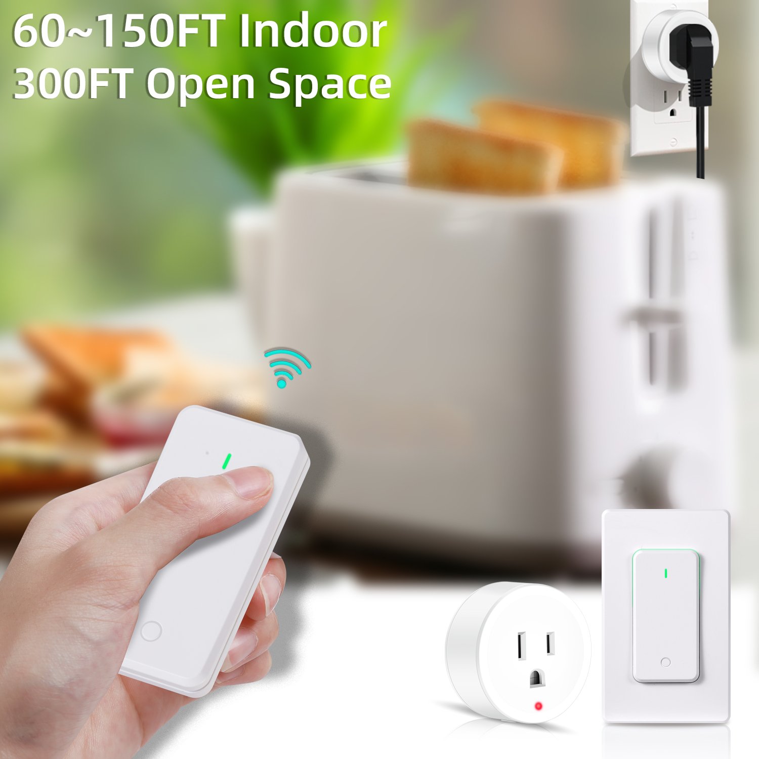 UL Certified Wireless Remote Control Outlet 15A Electrical Light Switch with Plug and Socket 100 Feet RF Range Anti-Surge