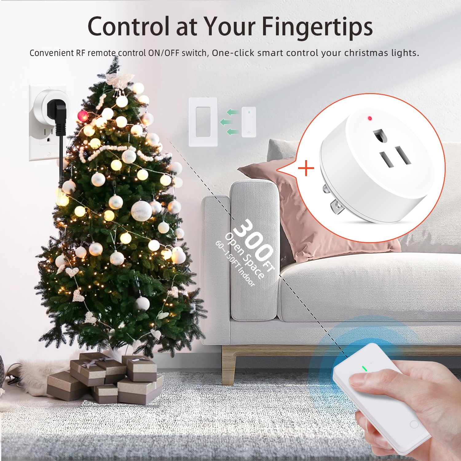 UL Certified Wireless Remote Control Outlet 15A Electrical Light Switch with Plug and Socket 100 Feet RF Range Anti-Surge