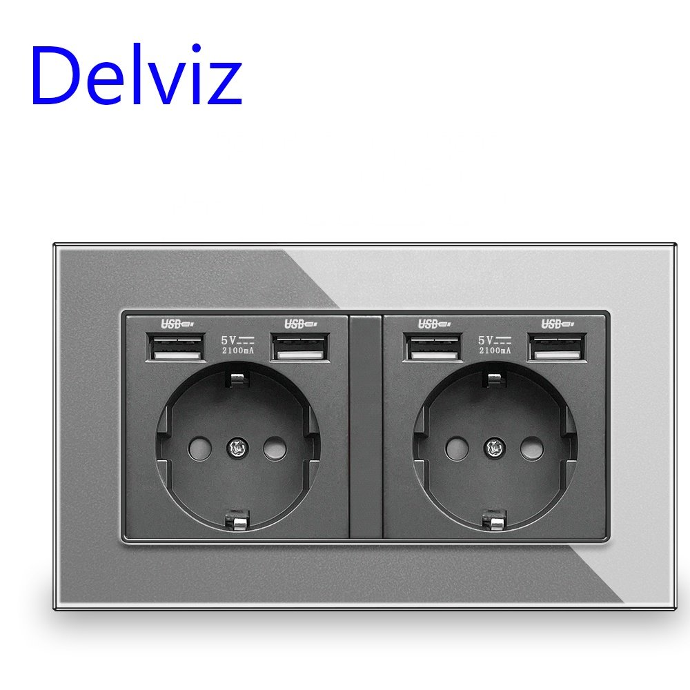 Delviz EU standard plug Electric 16A Outlet, Glass Panel,Smart Overload protection,Dual Power Wall Socket with USB charging port