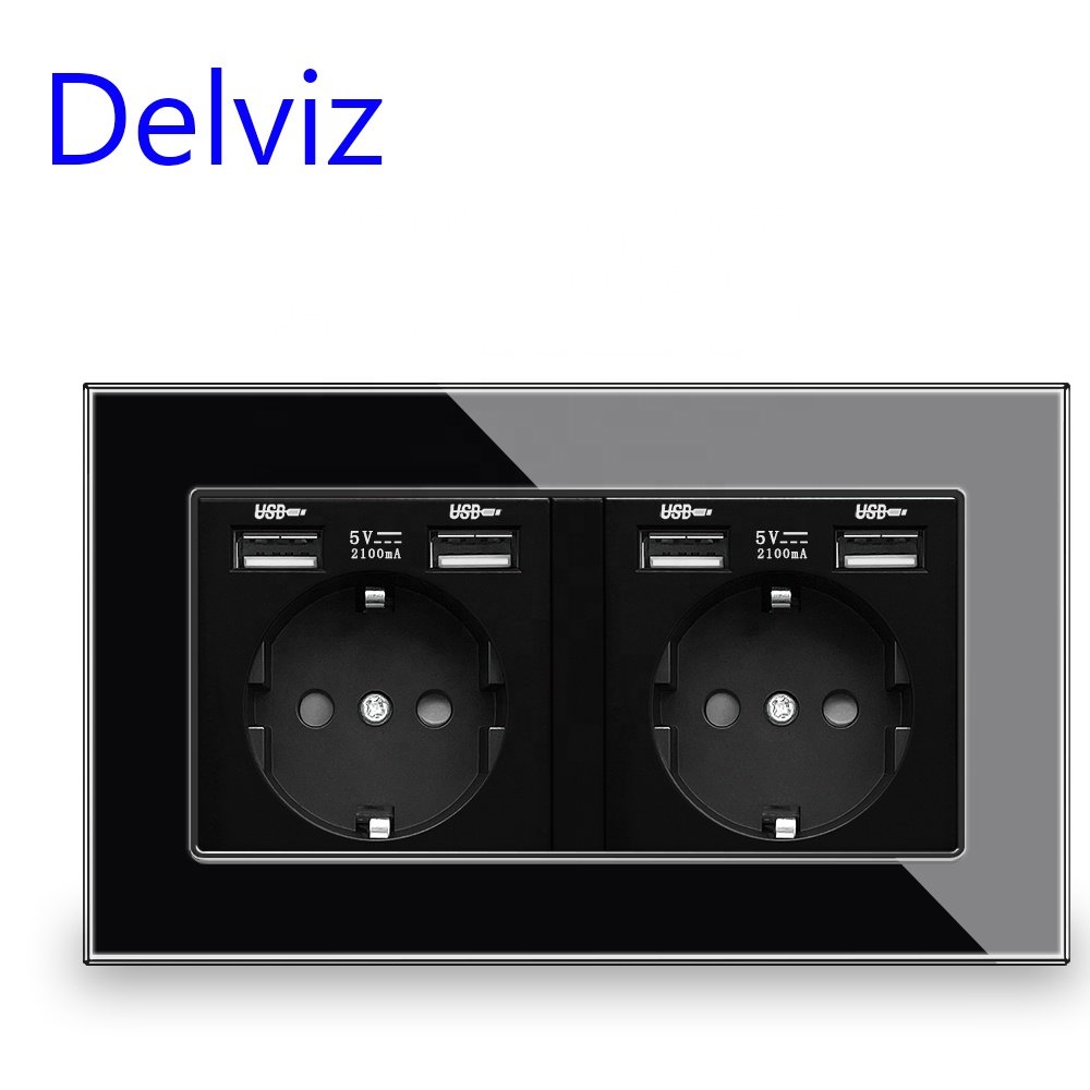 Delviz EU standard plug Electric 16A Outlet, Glass Panel,Smart Overload protection,Dual Power Wall Socket with USB charging port
