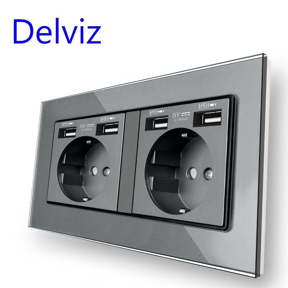 Delviz EU standard plug Electric 16A Outlet, Glass Panel,Smart Overload protection,Dual Power Wall Socket with USB charging port