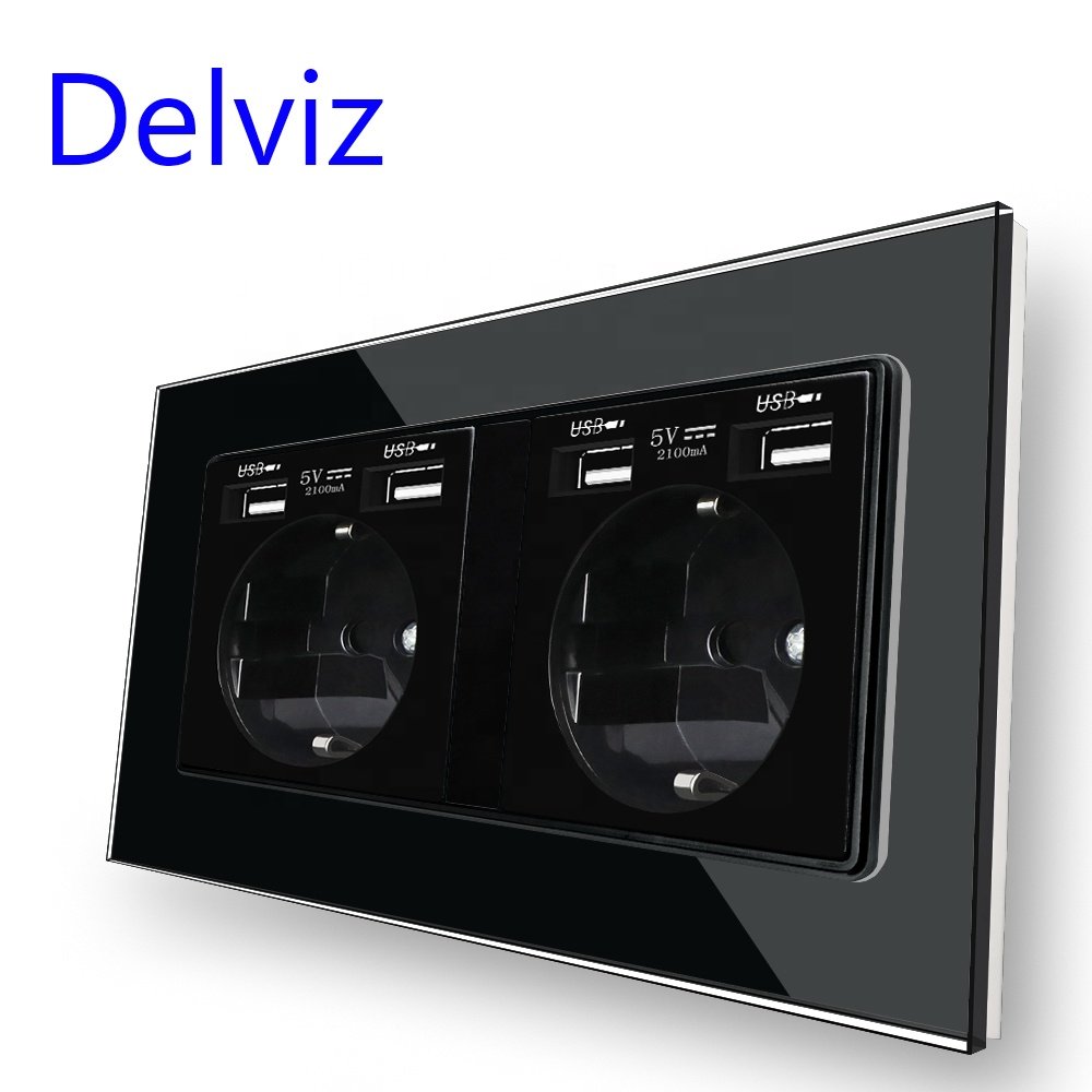 Delviz EU standard plug Electric 16A Outlet, Glass Panel,Smart Overload protection,Dual Power Wall Socket with USB charging port