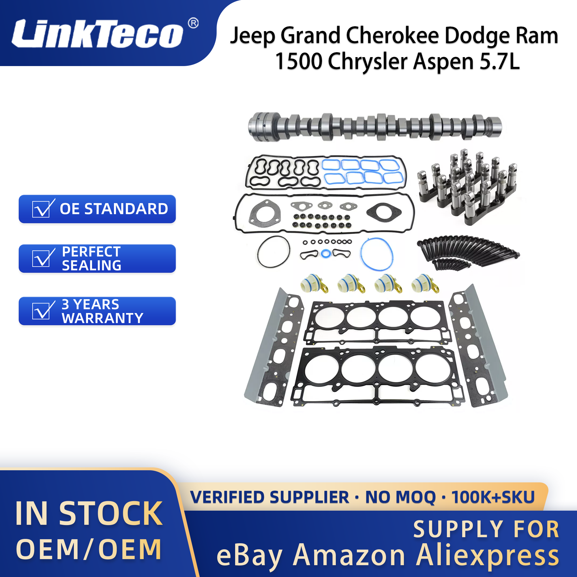 Linkteco Non MDS Valve Lifters Plugs Camshaft Head Gasket Set For Jeep Grand Cherokee Dodge Ram 1500 Chrysler 300 5.7L 2009-2015