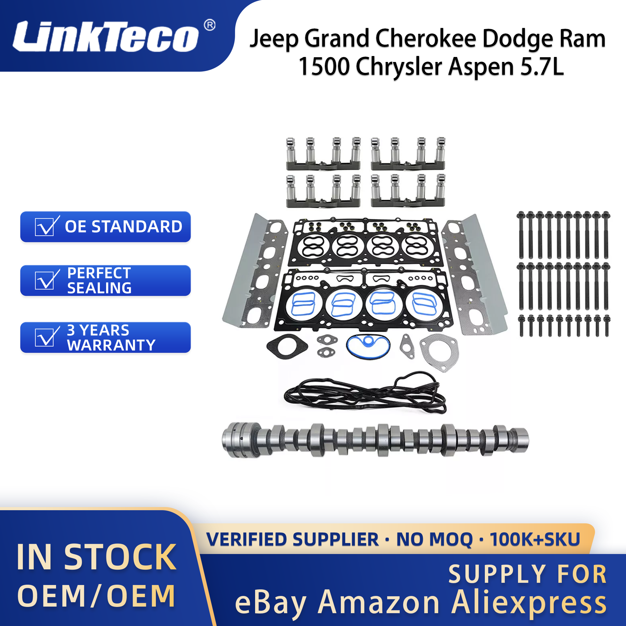 Linkteco Non MDS Valve Lifters Plugs Camshaft Head Gasket Set For Jeep Grand Cherokee Dodge Ram 1500 Chrysler 300 5.7L 2009-2015