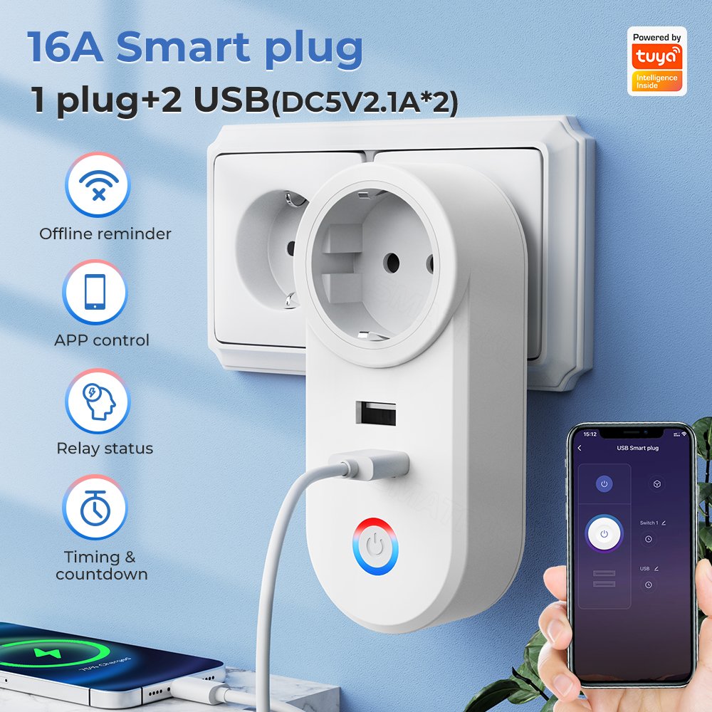 SMATRUL Eu Plug 16A Outlet Adapter Voice Smart Life App Electrical For Google Home Alexa Yandex Alice Tuya Wifi Smart USB