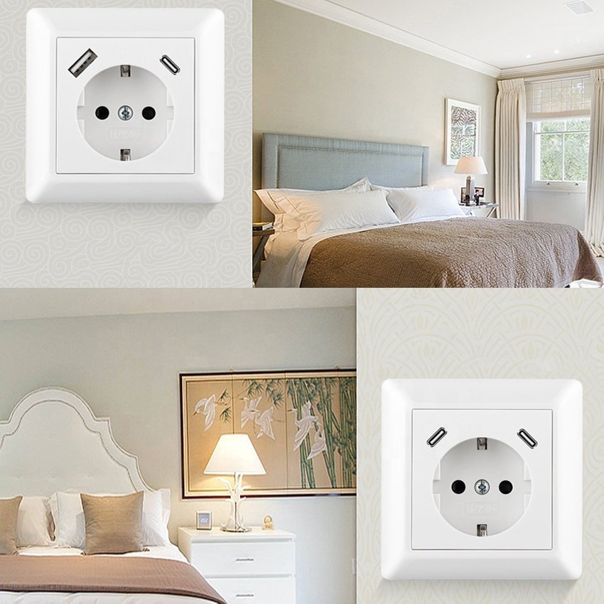 Germany Poland Custom 16A EU Standard 2 USB C+C Type c Usb Port Wall Socket Plugs & Sockets smart charger wall power outl