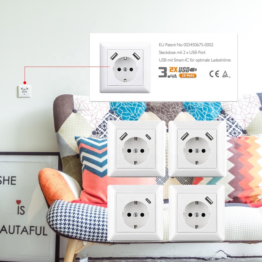Germany Poland Custom 16A EU Standard 2 USB C+C Type c Usb Port Wall Socket Plugs & Sockets smart charger wall power outl