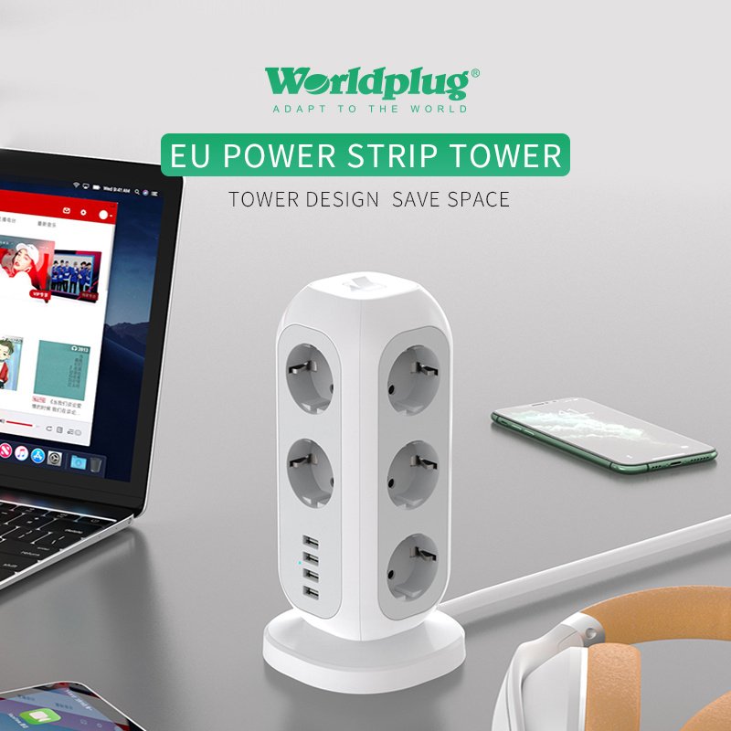 Multi plug outlet retractable eu standard European type surge protection travel usb power strip cube extension lead cord socket