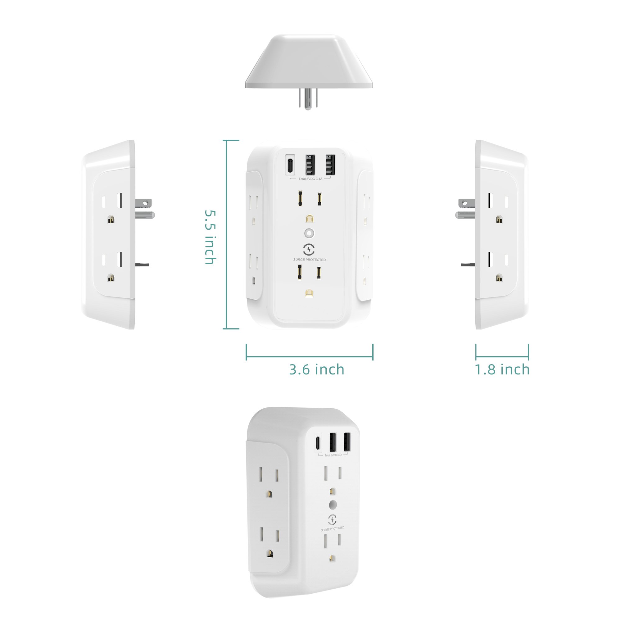 Wall Charger, Surge Protector, 6 Outlet Extender with 3 USB Charging Ports (1 USB C, 3.4A) Wall Mount Power Strip Multi Plug