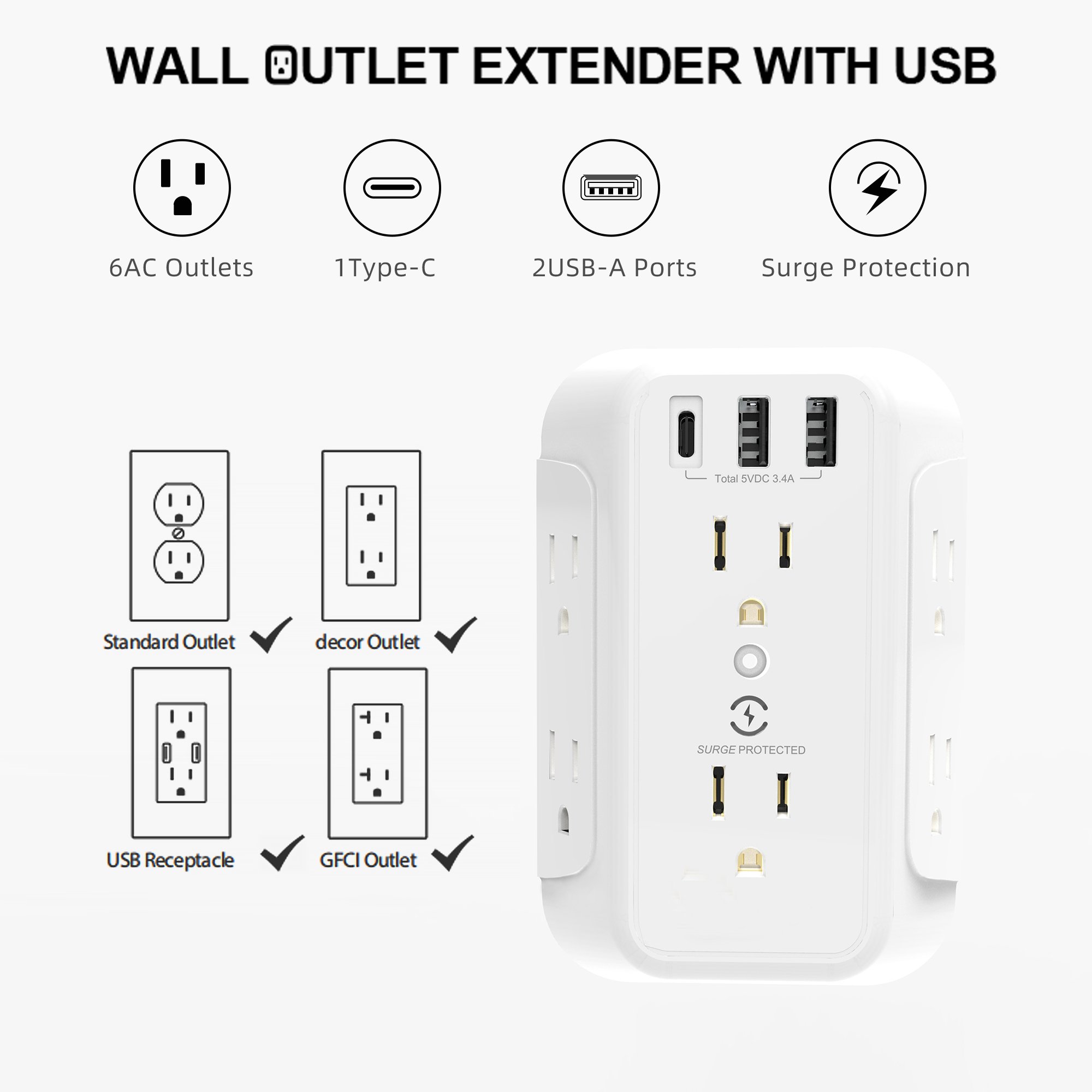 Wall Charger, Surge Protector, 6 Outlet Extender with 3 USB Charging Ports (1 USB C, 3.4A) Wall Mount Power Strip Multi Plug