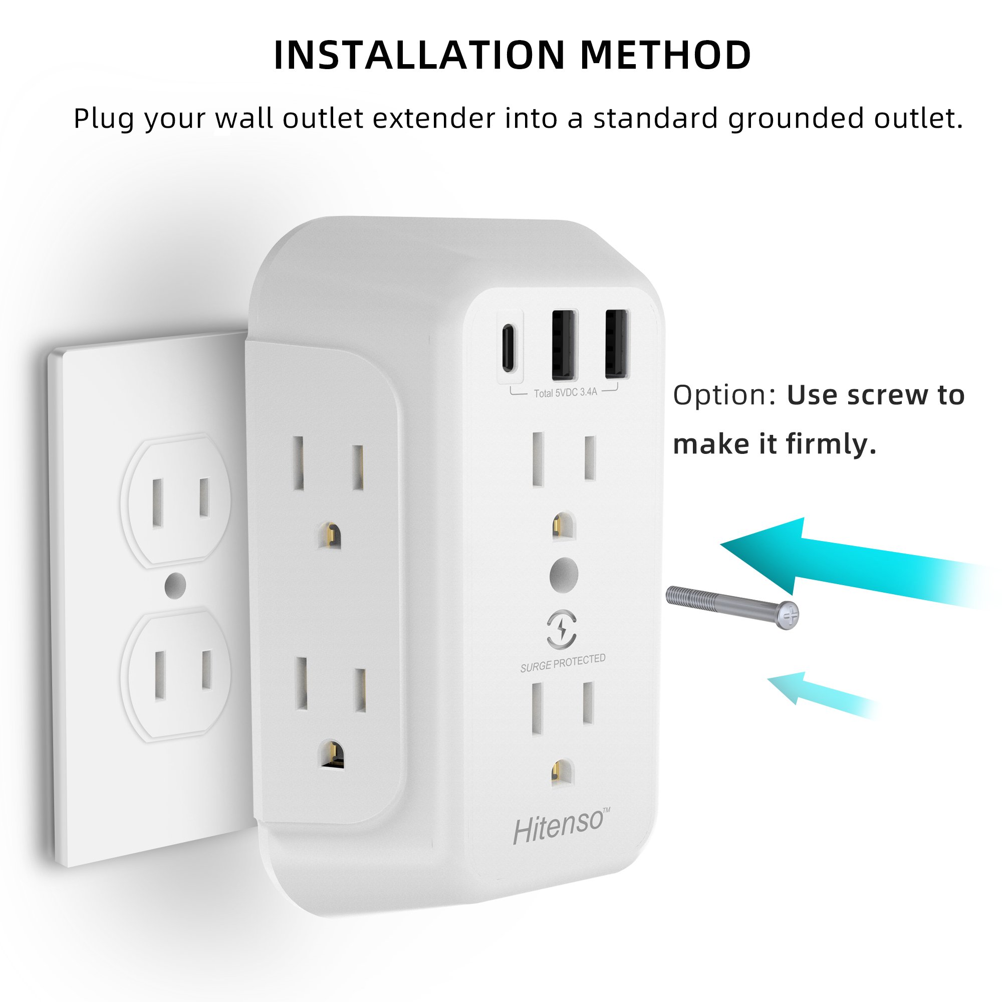Wall Charger, Surge Protector, 6 Outlet Extender with 3 USB Charging Ports (1 USB C, 3.4A) Wall Mount Power Strip Multi Plug