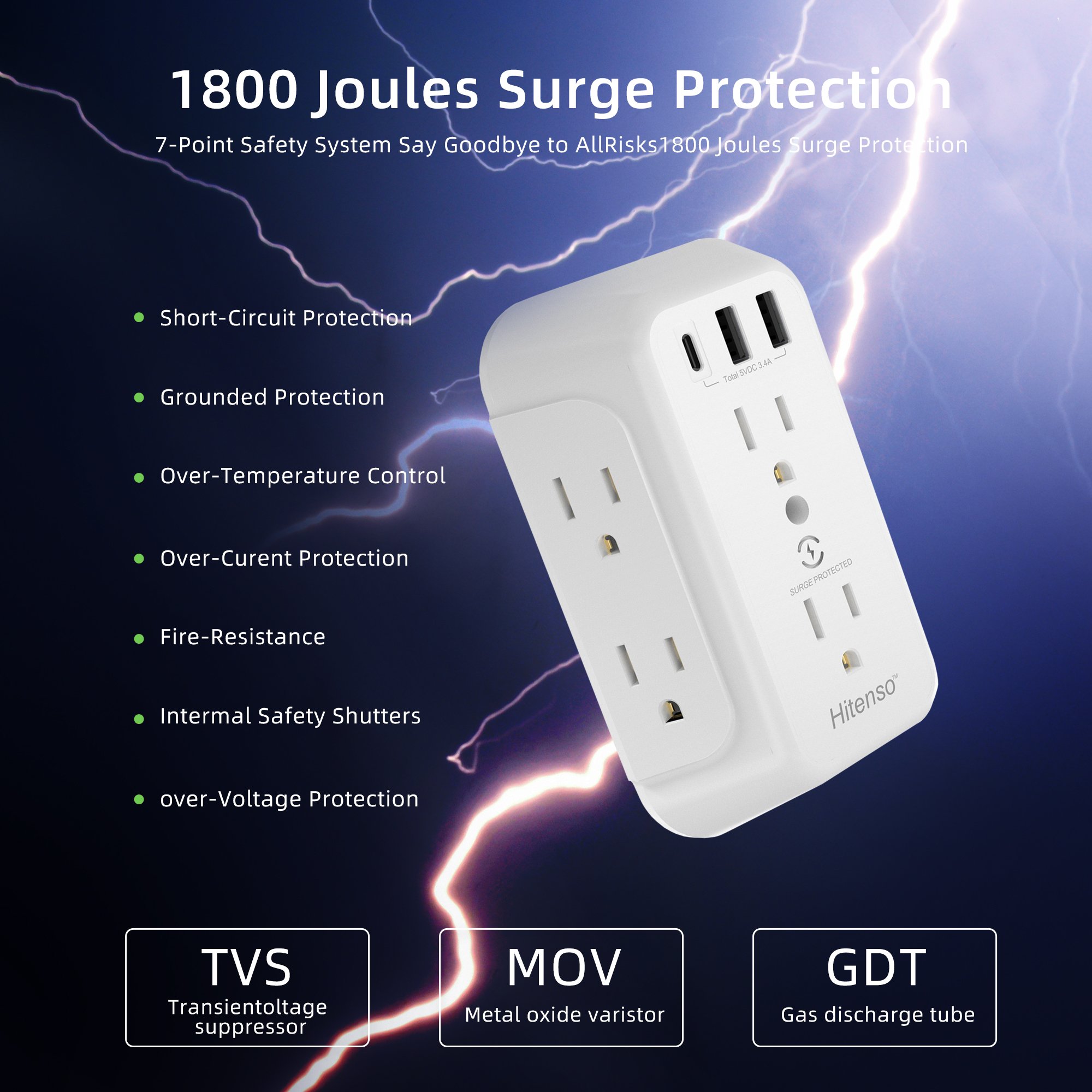 Wall Charger, Surge Protector, 6 Outlet Extender with 3 USB Charging Ports (1 USB C, 3.4A) Wall Mount Power Strip Multi Plug