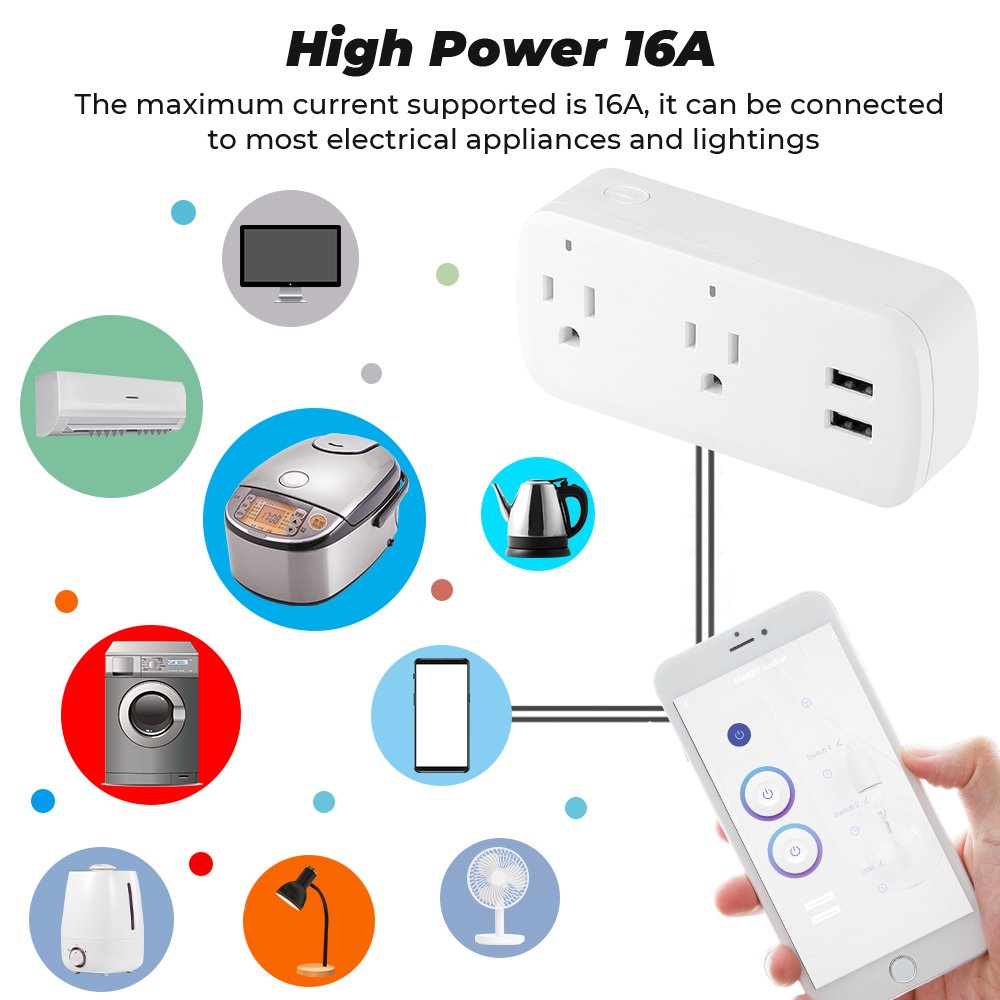 SMATRUL Wireless Remote Voice Adapter Charging Port Timer Google Home Alexa 16A US Plug Tuya Wifi Smart Usb Socket