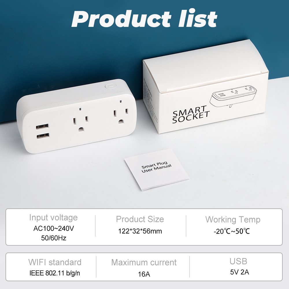 SMATRUL Wireless Remote Voice Adapter Charging Port Timer Google Home Alexa 16A US Plug Tuya Wifi Smart Usb Socket