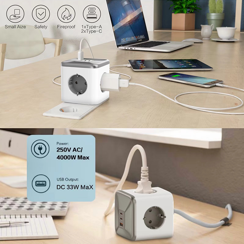 Europe Power Cube Socket With USB Port Germany Outlet Extension Cord Electrical Multi Wall Plug Adapter