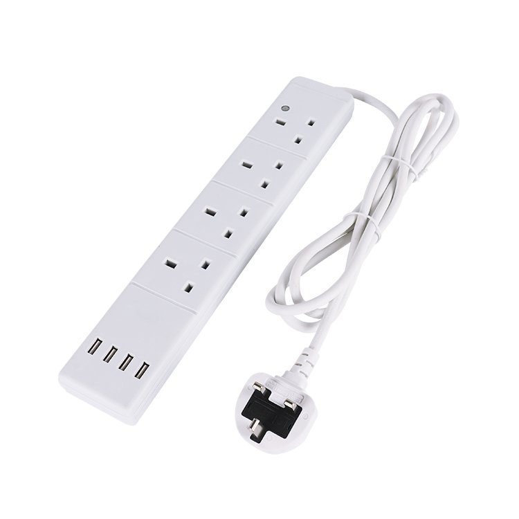 UK Extension Lead with 4 USB 2 meter Cable Electric Plug Socket UK Mains Power 4 Gang Way
