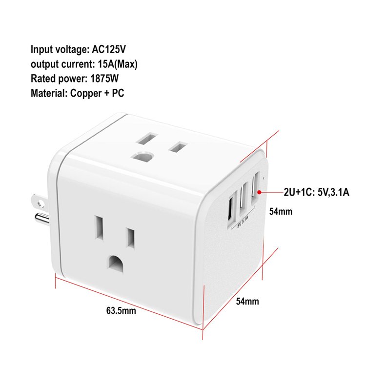 AC Universal Travel Adapter Plugs Electrical Outlets Usa with 2 Usb Ports Sockets 3 Pin White Commercial Wall Socket 15A 125V