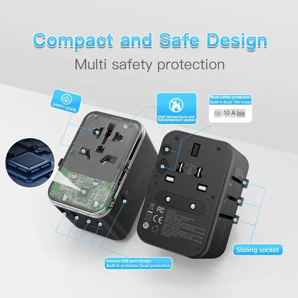 Worldplug GaN 65W Fast Charger Outlet Converter Smart Wall Plug Socket Universal Travel Adapter