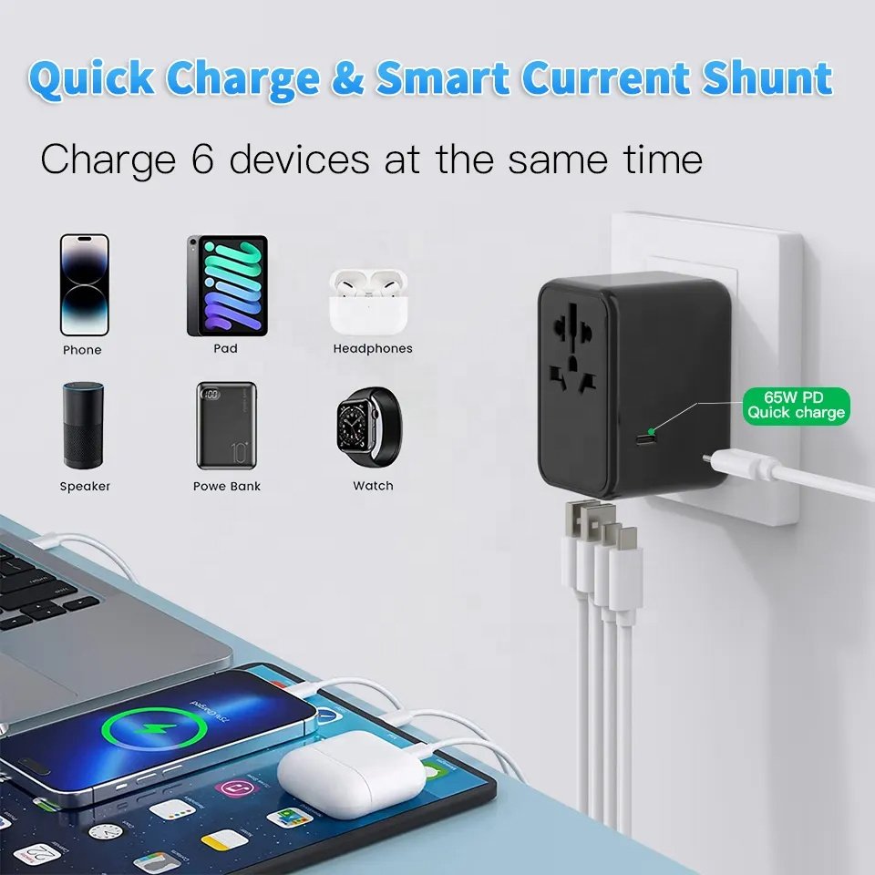 Worldplug GaN 65W Fast Charger Outlet Converter Smart Wall Plug Socket Universal Travel Adapter