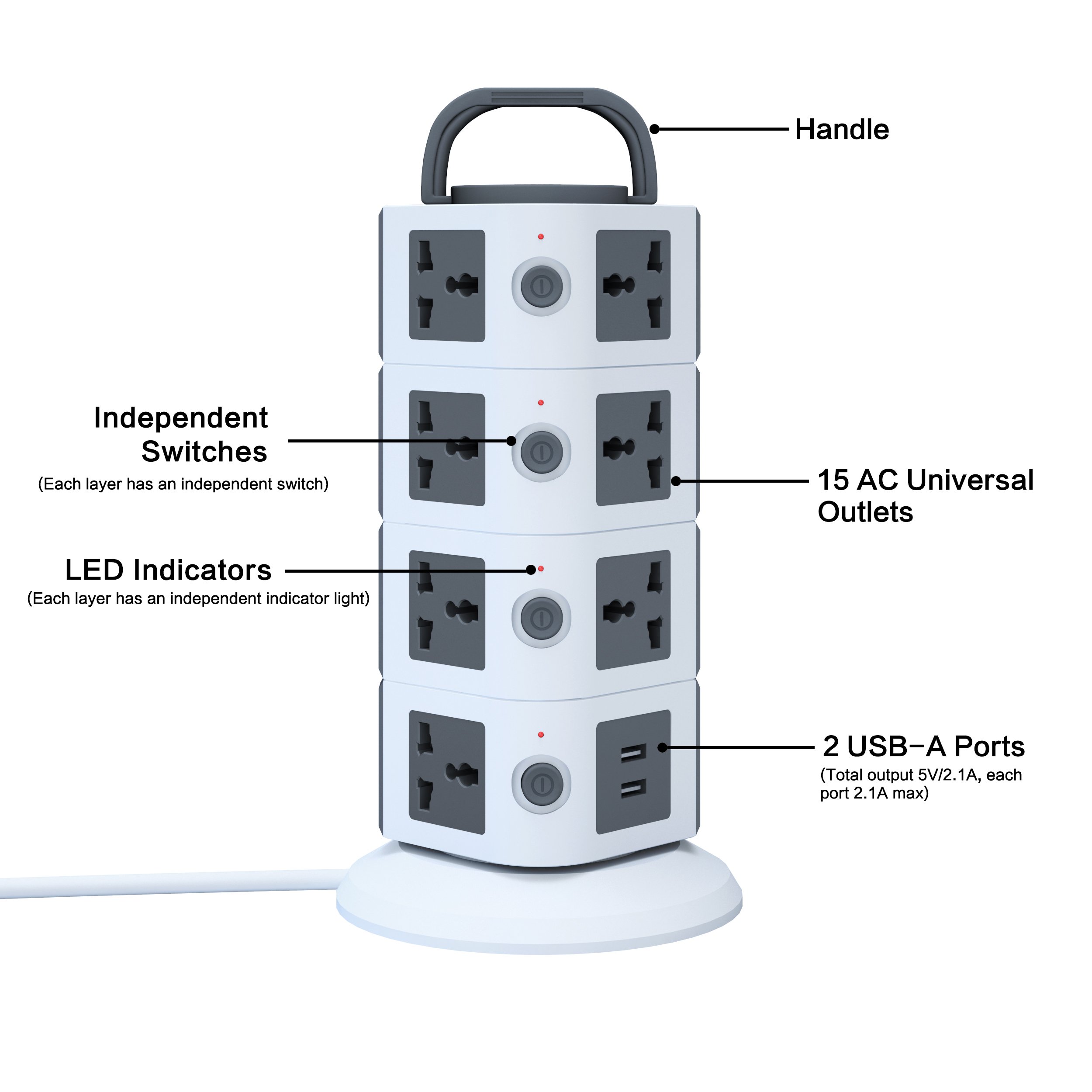 Multiple Universal Plug Outlet Socket Smart Electrical Individual Switch Desktop Charger Tower Extension Board With 2 USB Ports