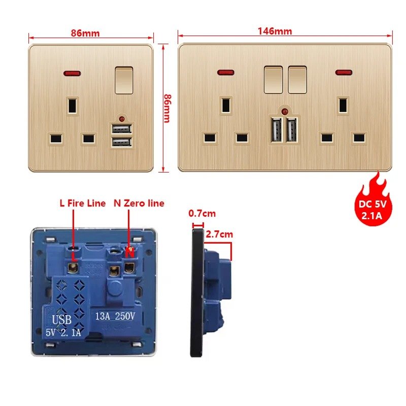 Gold 13A UK Plug USB Wall Power Socket, Universal 10-hole outlet with Switch Electrical wall outlet with usb charger