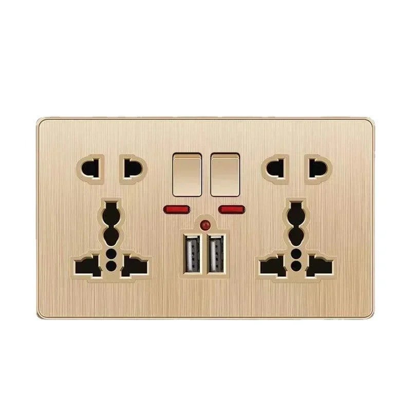 Gold 13A UK Plug USB Wall Power Socket, Universal 10-hole outlet with Switch Electrical wall outlet with usb charger